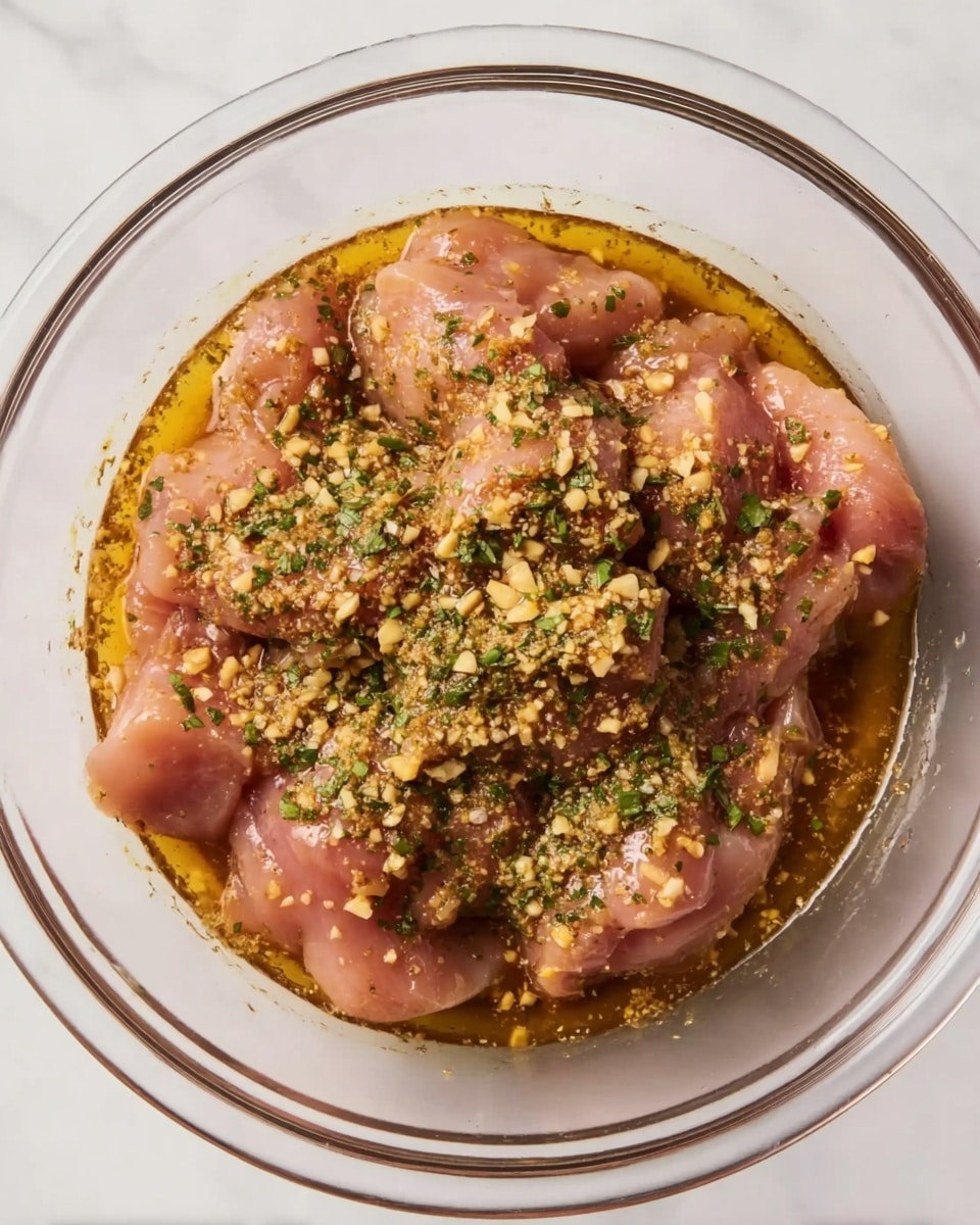 A clear glass bowl sits on a white marbled surface filled with several pieces of raw pink chicken arranged loosely in a single uneven layer. The chicken pieces are coated with a glossy golden liquid, likely oil or marinade, giving them a wet sheen. On top, a mix of finely chopped green herbs and small yellowish-brown bits of garlic or seasoning are spread evenly across the chicken, adding texture and color contrast. The bowl is filled enough to show the chicken but allows visibility of the marinade pooling at the bottom. photo taken with an iphone --ar 4:5 --v 7