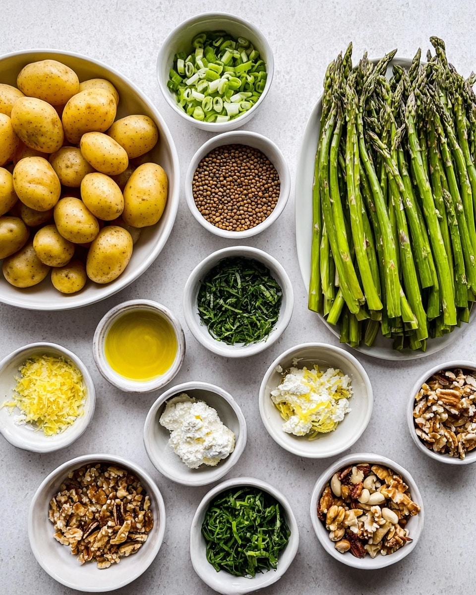 This image shows many small white bowls and plates on a white marbled surface, each filled with different fresh ingredients. In the bottom left is a large white plate filled with small yellow potatoes. To the right, another large white plate holds a bunch of fresh green asparagus stalks neatly arranged. Around these plates are small white bowls with various ingredients: brown lentils, chopped green onions, crumbled white cheese, chopped fresh herbs, lemon zest, minced garlic, mustard, oil, vinegar, and mixed nuts. The colors are fresh green, yellow, brown, and white, arranged carefully and brightly lit. Photo taken with an iphone --ar 4:5 --v 7