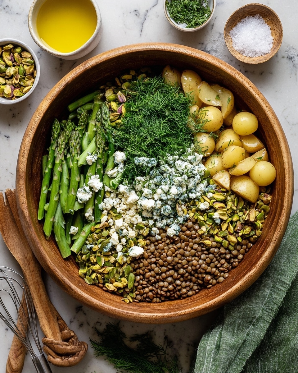 A wooden bowl filled with layers of fresh ingredients: at the bottom, chopped green asparagus spears on the left side, followed by a layer of chopped green herbs, then fresh green dill in the center. To the right, brown lentils are spread out, next to chopped pistachio nuts and halved small yellow potatoes. White crumbled cheese is sprinkled across the middle part, blending with herbs and potatoes. The bowl sits on a white marbled surface, with a small bowl of coarse salt and a white bowl with yellow dressing and a small whisk nearby, along with a green cloth and wooden utensils. photo taken with an iphone --ar 4:5 --v 7