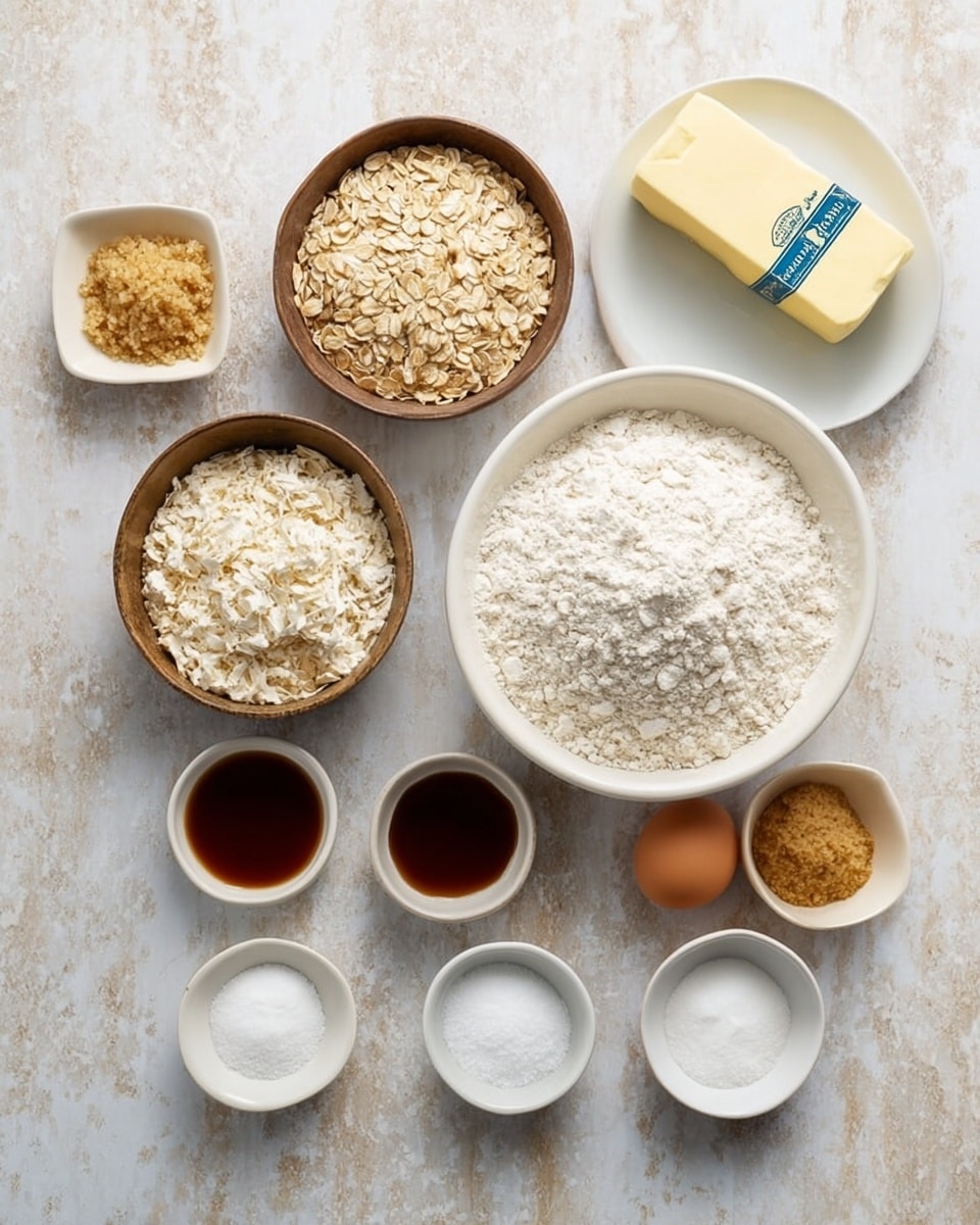 A top-down view of various ingredients arranged neatly on a white marbled surface. At the center is a large white bowl filled with white flour. Surrounding it are smaller white and brown bowls holding different ingredients: one bowl with light brown rolled oats, another with white shredded coconut, a small bowl with golden brown sugar, and another tiny bowl with dark brown syrup. Three small white bowls at the front hold white powders, likely baking soda, salt, and baking powder. On the upper right, a white plate holds a brown egg and a pale yellow stick of butter with a blue and yellow wrapper. The items are all separated clearly showing their individual textures and earthy colors. Photo taken with an iphone --ar 4:5 --v 7