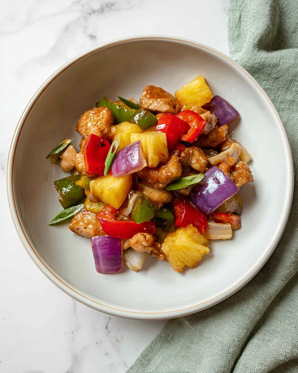 The dish shows a single layer of cooked pieces of chicken mixed with bright chunks of yellow pineapple, red bell peppers, green bell peppers, and purple-red onion, all coated lightly in a shiny sauce. These colorful ingredients sit slightly spread out in the middle of a white bowl that has a smooth, matte texture. The bowl is placed on a white marbled surface, with a soft green cloth beside it. The colors are vibrant and the textures range from soft pineapple to tender chicken and lightly cooked crunchy vegetables. photo taken with an iphone --ar 4:5 --v 7