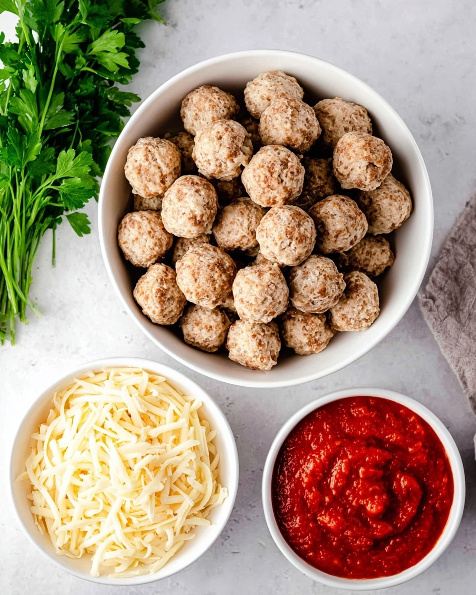 A large white bowl filled with many small, round, light brown meatballs with a textured surface is placed on a white marbled background. Below it, a smaller white bowl holds a generous amount of shredded pale yellow cheese with a slightly soft texture. To the right, another small white bowl contains thick, chunky bright red tomato sauce. On the left side of the frame, fresh green parsley leaves add a pop of color to the scene. photo taken with an iphone --ar 4:5 --v 7