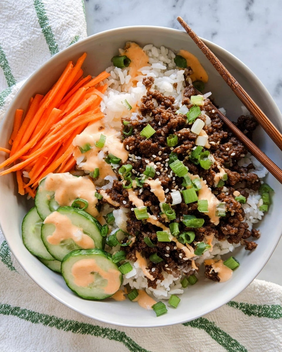The image shows a white bowl with four main layers. The bottom layer is plain white rice filling the bowl. On top of the right side of the rice, there is a thick layer of dark brown cooked ground meat, sprinkled with small pieces of green onion and white sesame seeds. On the left side, there are thin orange carrot sticks arranged beside light green cucumber slices. A light orange creamy sauce is drizzled over the cucumbers, carrots, and ground meat. A pair of wooden chopsticks rest on the meat inside the bowl. The bowl is placed on a white marbled surface, with a light cloth with green stripes under part of it. Photo taken with an iphone --ar 4:5 --v 7