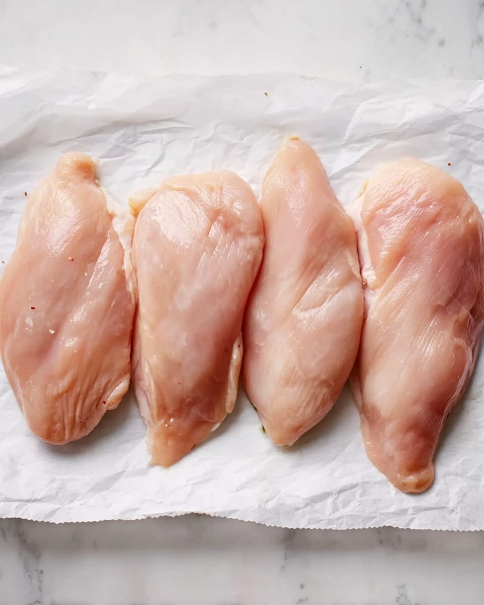 The image shows four raw chicken pieces placed side by side in one row on a piece of white parchment paper. Each piece is light pink with a smooth and slightly shiny surface, with some small natural texture and fat spots visible. The parchment paper lies on a white marbled texture surface, creating a clean and simple background that highlights the chicken pieces clearly. Photo taken with an iphone --ar 4:5 --v 7