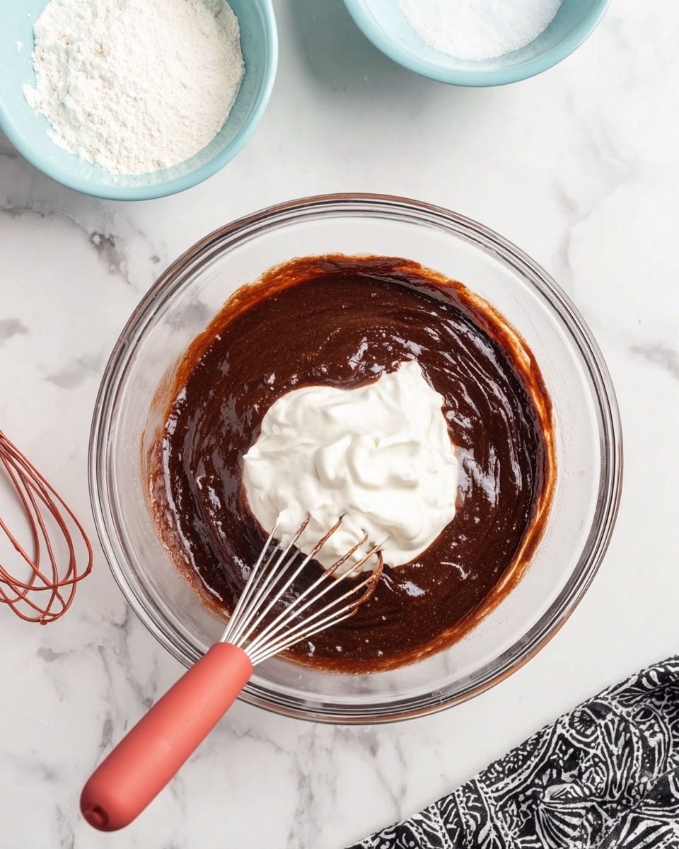 A clear glass bowl placed on a white marbled surface holds thick, dark brown chocolate batter with a shiny texture, filling almost the entire bowl. On top of the batter, near the center, is a dollop of fluffy white cream. A whisk with a red handle is partially dipped in the batter and cream, lying towards the left side of the bowl. Behind the bowl, there are two small light blue bowls, one filled with white powder and the other empty. A black and white patterned cloth is partially visible in the bottom right corner. Photo taken with an iphone --ar 4:5 --v 7