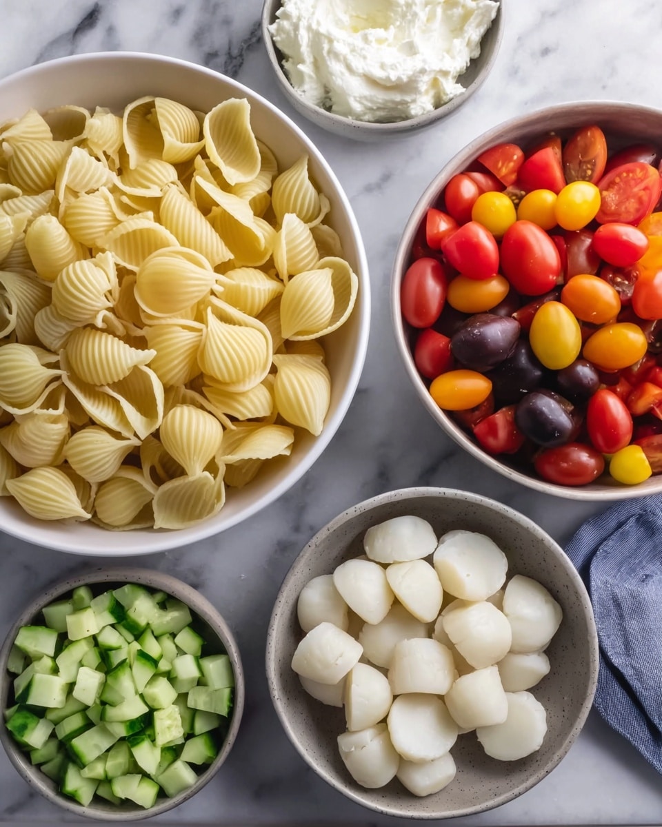 A top view of several white bowls arranged on a white marbled surface, each containing different ingredients for a meal. The largest bowl on the left is filled with pale yellow uncooked shell pasta, smooth and curved, with their ridges clearly visible. To the right, a large white bowl holds a mix of colorful halved cherry tomatoes in red, orange, yellow, and deep purple shades. Below the pasta bowl is a medium gray bowl containing many small, white round scallops or similar shaped slices. To the left of that bowl is another white bowl filled with chopped green cucumber pieces with their textured skin showing. Next to the scallop bowl on the right is a small white bowl with a creamy white dollop of soft cheese or cream. The background is a clean white marble texture. photo taken with an iphone --ar 4:5 --v 7