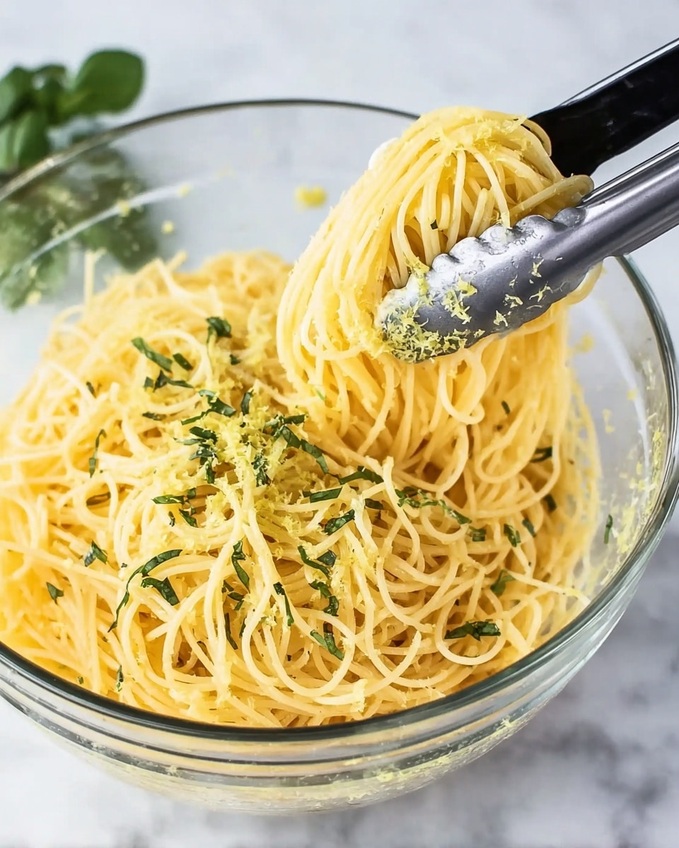 A clear glass bowl filled with cooked spaghetti noodles that are light yellow in color and look soft. On top of the noodles, there are small green strips of fresh herbs scattered around. Black and silver tongs are lifting a portion of the pasta, showing the noodles' texture clearly with some yellow cheese or seasoning mixed in. The background features a white marbled surface and some green leaves are faintly visible near the bowl photo taken with an iphone --ar 4:5 --v 7