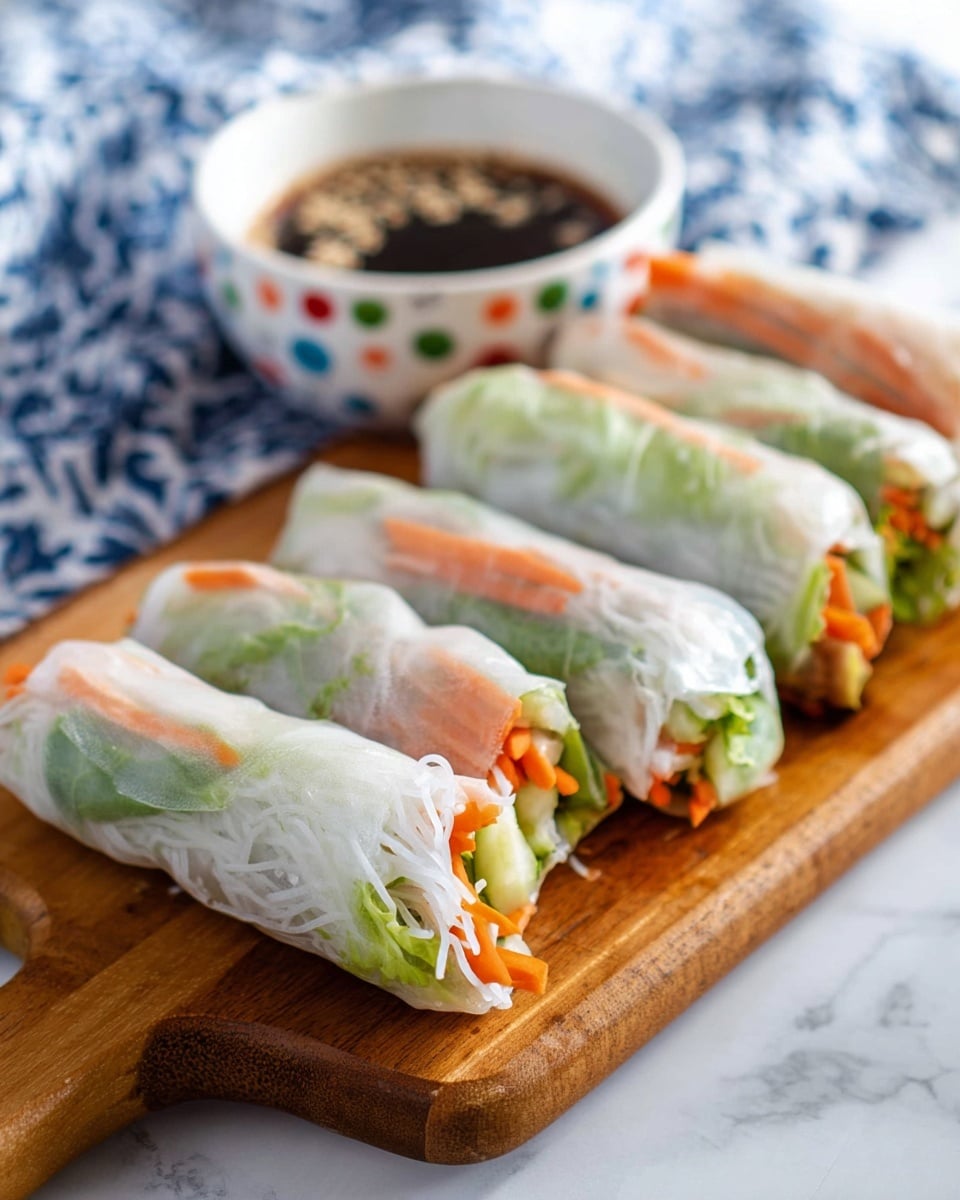 There are five spring rolls on a wooden board, each wrapped in transparent rice paper showing inside thin white noodles, bright orange carrot strips, and green lettuce leaves. In the background, a white bowl with colorful dots holds a dark dipping sauce. The scene is set on a white marbled surface with a blue and white patterned cloth softly blurred behind. Photo taken with an iphone --ar 4:5 --v 7