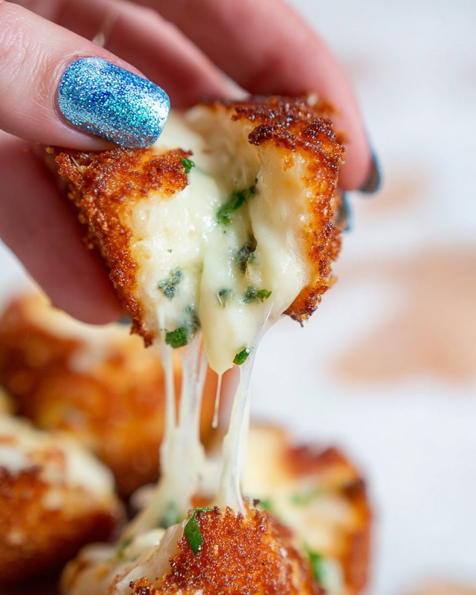 A close-up of a woman's hand with blue and silver glitter nail polish holding a golden brown crispy fried piece pulled apart, showing white stretchy melted cheese with bits of green herbs inside. The focus is on the cheese stretching between the two halves, with a blurred background of more golden fried pieces on a white marbled surface. photo taken with an iphone --ar 4:5 --v 7