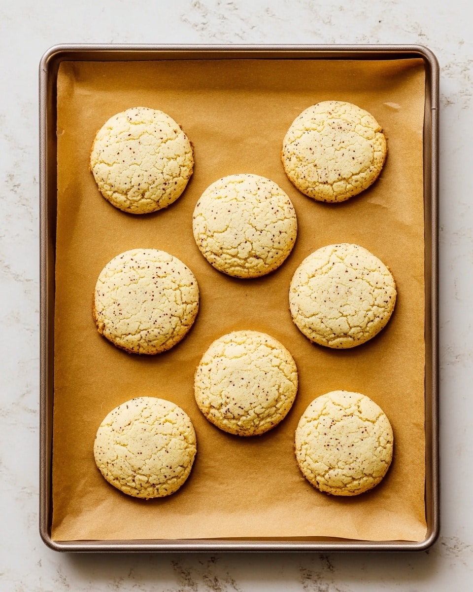 Eight round cookies are evenly spaced on a baking tray lined with brown parchment paper. The cookies are light golden in color with small dark specks scattered throughout and have a slightly cracked surface texture. The tray sits on a white marbled surface, giving a clean and bright background. Photo taken with an iphone --ar 4:5 --v 7