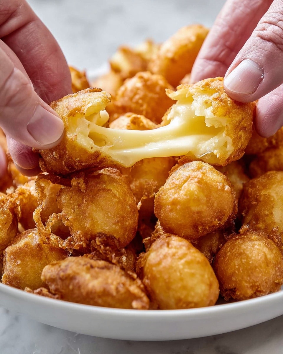 A close-up view of a white bowl filled with small, round, golden-brown fried snacks that have a rough and crispy texture. In the front, a pair of hands pull apart one of the snacks, revealing a light yellow, stretchy melted cheese inside. The fried snacks have irregular shapes with a crunchy outer layer and soft melted cheese in the middle. The entire scene is set on a white marbled surface. photo taken with an iphone --ar 4:5 --v 7