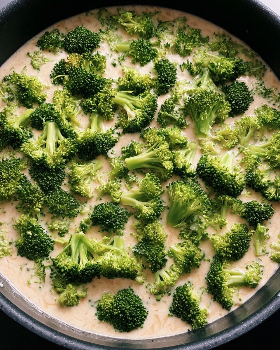 The image shows one layer of creamy sauce with a light beige color and smooth texture filling a black pan. On top of the sauce, there is a thick layer of bright green broccoli florets placed unevenly, covering almost the whole surface. The broccoli pieces have a mix of small, tightly packed buds and thin stems, creating a fresh, textured contrast with the sauce below. The photo is taken with an iphone --ar 4:5 --v 7