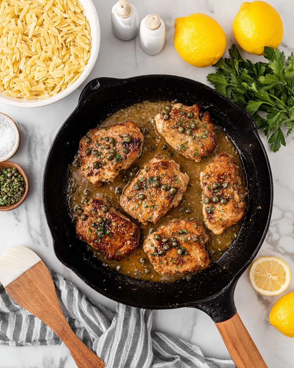 A black cast iron pan holds six golden brown cooked pieces of meat, each sprinkled with small green capers and bits of minced garlic, all sitting in a light brown sauce that fills the pan's base. The pan rests on a white marbled surface surrounded by two yellow lemons, a small bunch of fresh parsley, and white salt and pepper shakers. To the left, a white bowl filled with light yellow orzo pasta is partially visible, with a short handle in a natural wood tone. A gray and white striped cloth and a wooden spoon with a white painted handle lie near the pan. The overall look is clean and bright, with the food in focus. photo taken with an iphone --ar 4:5 --v 7