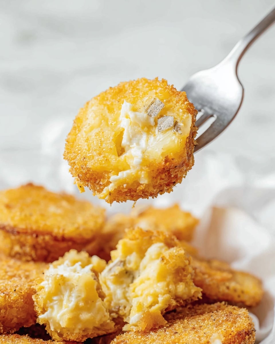 A close-up of a round fried slice held by a fork shows a golden, crispy outer layer with a slightly crumbly texture. Inside, the slice reveals a creamy, light yellow filling with small pieces of white and slightly browned bits nestled within. Below, more pieces of the same fried slices form a textured, uneven pile with a mix of golden crust and creamy filling visible. The scene is set on a white marbled surface, with soft natural lighting enhancing the warm yellow and cream colors of the food. photo taken with an iphone --ar 4:5 --v 7