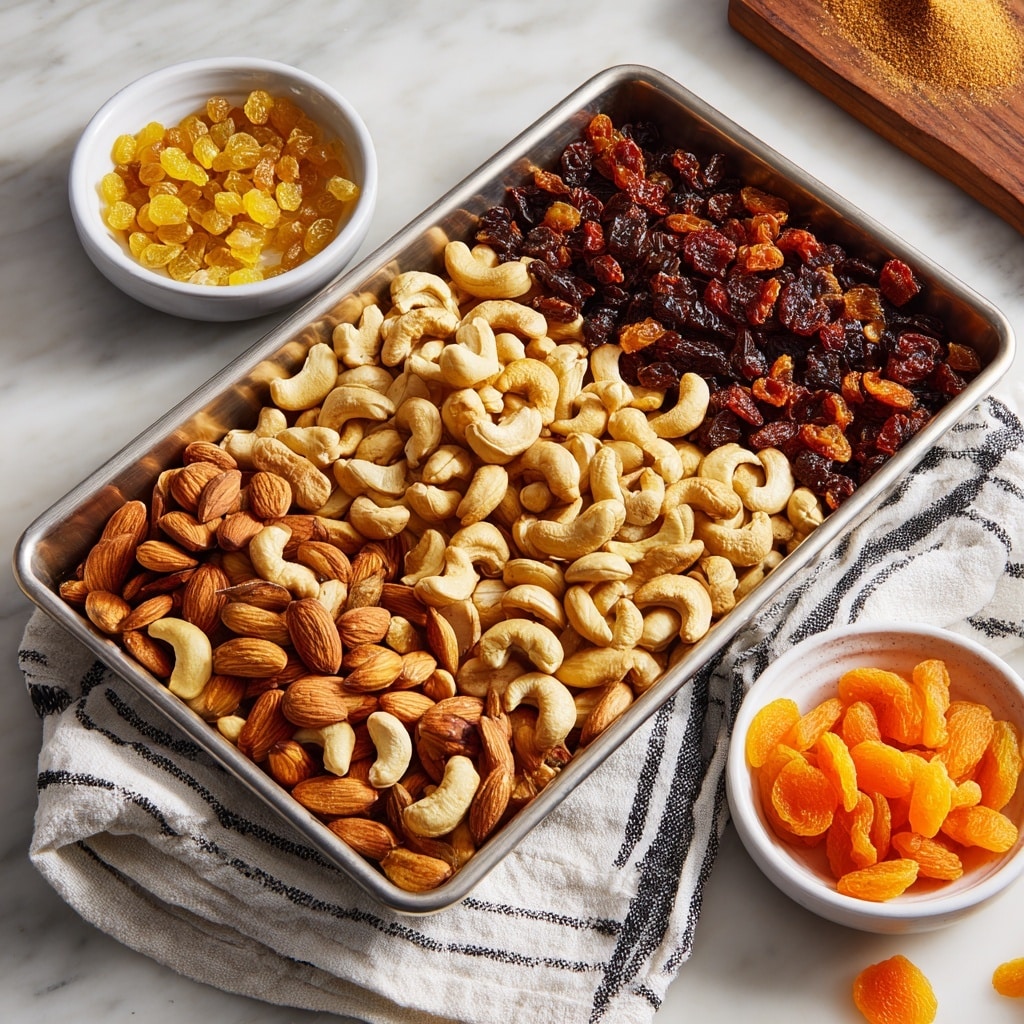 A metal tray filled with two layers of roasted nuts, the bottom layer mainly cashews with a light golden-brown color and a curved shape, while the top layer is mostly almonds in a reddish-brown hue. Around the tray, on the white marbled surface, there are two small white bowls: one with golden and brown raisins and the other with chopped orange dried apricots. Part of a wooden board with ground spice in a brown shade is at the top right corner of the image. A white cloth with a black striped pattern is under the tray. photo taken with an iphone --ar 4:5 --v 7