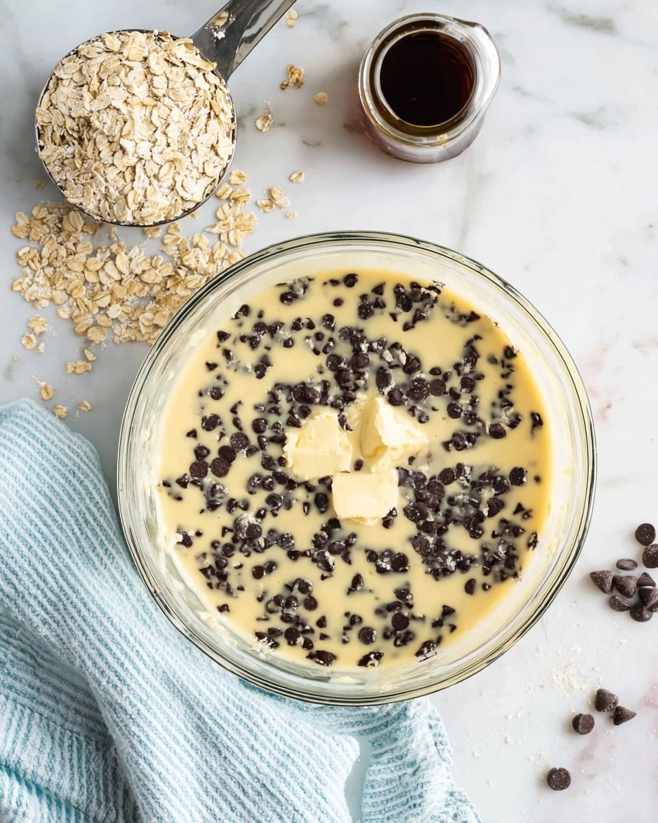 A clear glass bowl sits on a white marbled surface. Inside the bowl, there is a creamy yellow liquid base filled with many small dark brown chocolate chips scattered evenly throughout. Three small pieces of pale yellow butter float on top of the mixture. Near the bowl, there is a silver measuring cup full of light beige rolled oats with some oats spilled on the surface. Also nearby is a dark brown glass bottle, likely vanilla extract, and a few chocolate chips scattered around it. A light blue and white striped cloth is placed partially under the bowl. photo taken with an iphone --ar 4:5 --v 7