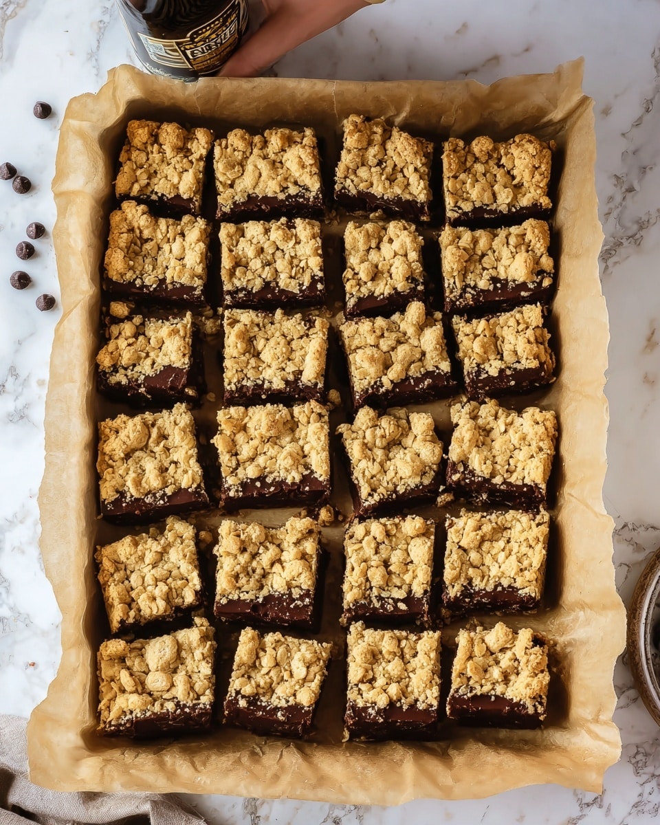 The image shows a tray covered with brown parchment paper filled with 24 square pieces of a dessert bar. Each piece has two visible layers: a thick, dark brown chocolate layer on the bottom that looks rich and slightly melted, topped with a golden oat crumbly layer that has a rough, uneven texture with small chunks and cracks. The bars are arranged neatly in a 6 by 4 grid on the parchment paper. The background surface has a white marbled texture, and there are some chocolate chips scattered at the bottom left corner of the tray. A woman’s hand is holding one bar at the top left corner of the image, and there is a bottle with a label partly visible at the top center. Photo taken with an iphone --ar 4:5 --v 7