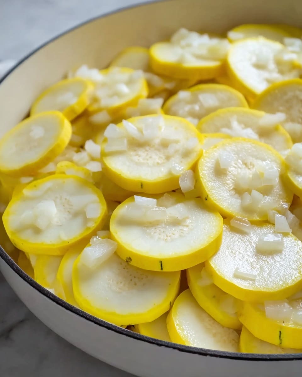 A close-up of many thin yellow squash slices stacked in a white pan, topped with small white chopped onion pieces scattered over the slices. The squash slices have a smooth texture and pale yellow centers with slightly darker yellow edges. The white onions add a slight contrast with their shiny and wet appearance. The pan rim is just visible, framing the round slices, all set on a white marbled surface. photo taken with an iphone --ar 4:5 --v 7