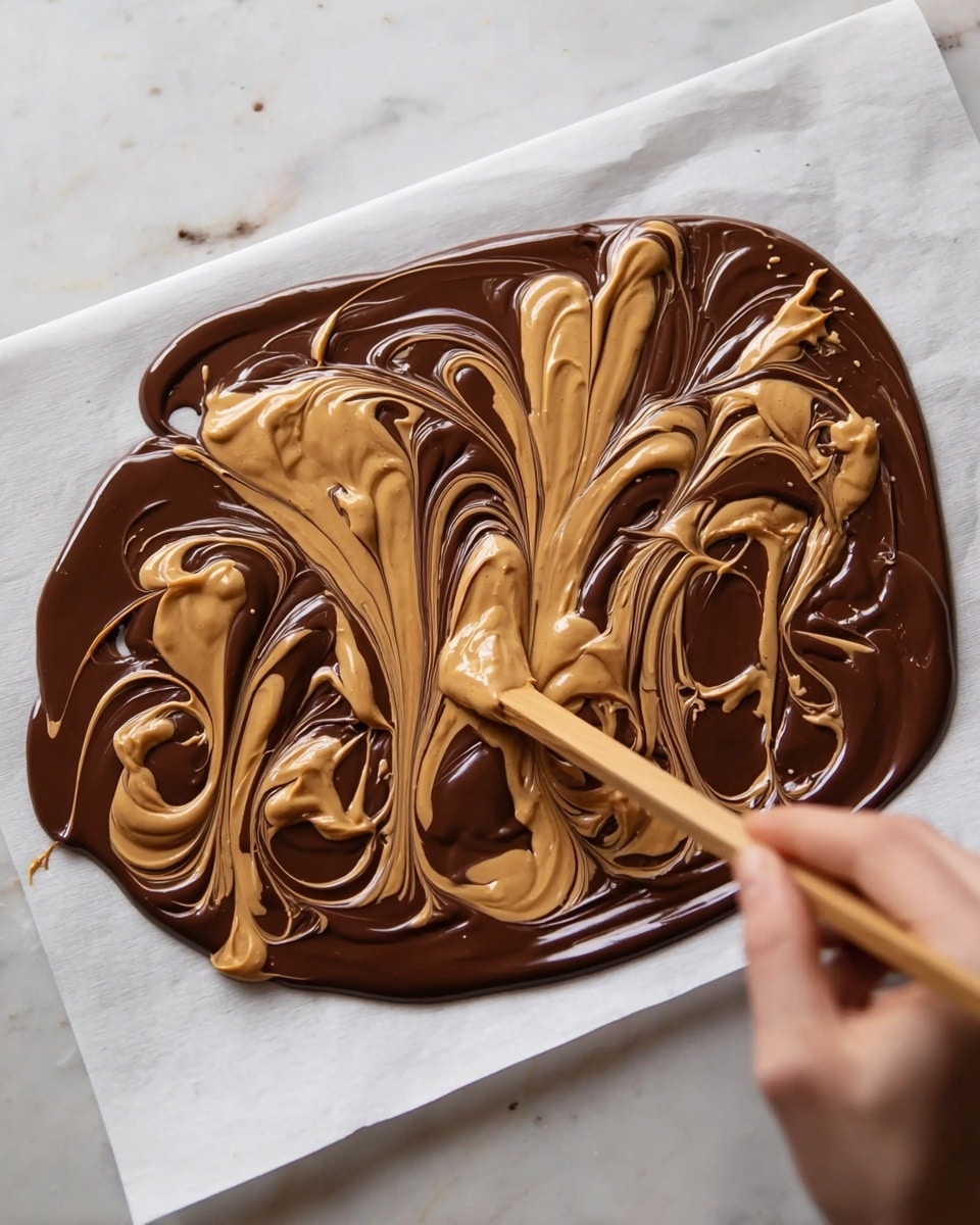 A thin layer of dark brown melted chocolate spread unevenly on a white parchment paper, forming an irregular rounded shape. Over it, creamy light brown peanut butter is drizzled in thick, irregular lines and swirls, some parts being gently mixed with the chocolate creating smooth marbled patterns. A woman's hand is holding a narrow wooden stick, swirling the peanut butter through the chocolate to make soft waves and loops. The scene is set on a white marbled surface. photo taken with an iphone --ar 4:5 --v 7