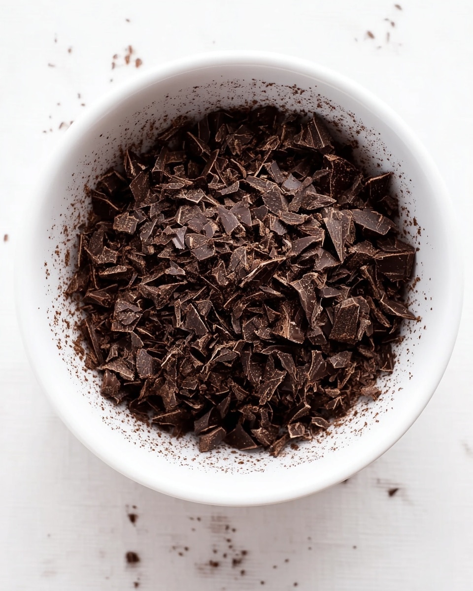 A white bowl filled with small pieces of dark chocolate. The chocolate pieces are irregular in shape and size, showing a rough texture with some fine chocolate powder scattered around the edges inside the bowl. The bowl is placed on a white marbled surface with soft, natural light highlighting the rich, deep brown color of the chocolate. photo taken with an iphone --ar 4:5 --v 7
