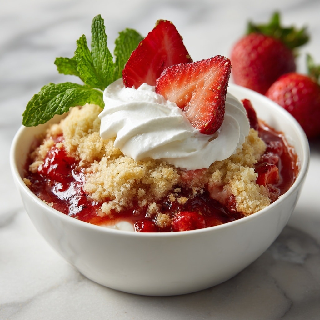 A white bowl filled with three visible layers: the bottom layer is soft, red strawberry filling with visible chunks, the middle layer is a crumbly light golden biscuit topping with a rough, uneven texture, and the top layer is a dollop of smooth, white whipped cream placed in the center. Two halves of bright red strawberries with fresh green leaves sit on the whipped cream, along with a small sprig of fresh green mint. The bowl is set on a white marbled surface with a few halved strawberries nearby. Photo taken with an iphone --ar 4:5 --v 7