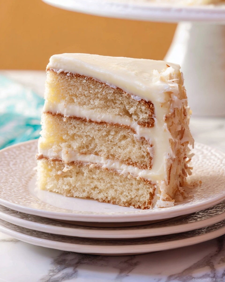 The image shows a round cake with three visible layers covered in smooth, creamy white frosting. The sides of the cake are coated with toasted shredded coconut, giving a slightly textured look. The top layer has a glossy, pale yellow lemon glaze in the center, surrounded by a swirl of white frosting. On top of the glaze, there are three thin slices of lemon arranged close together. The cake sits on a white plate with raised edges, which is placed on a white marbled surface. Photo taken with an iphone --ar 4:5 --v 7