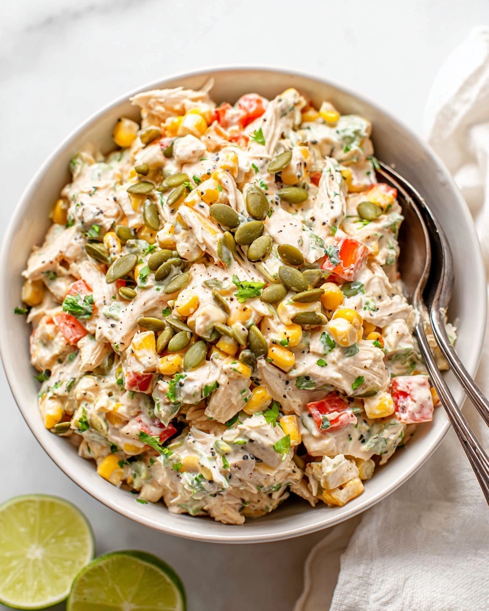The image shows a woman's hand holding a fresh green lettuce leaf filled with a colorful salad mixture. The salad has three main visible layers: bright orange chunks of bell pepper, yellow corn kernels, and small pieces of shredded chicken coated in a creamy dressing with herbs. Scattered green cilantro leaves and pumpkin seeds add texture and color contrast, all wrapped neatly within the vibrant and soft lettuce. The background features more similar lettuce wraps on a white marbled surface, slightly out of focus, making the foreground wrap the main focus. Photo taken with an iphone --ar 4:5 --v 7
