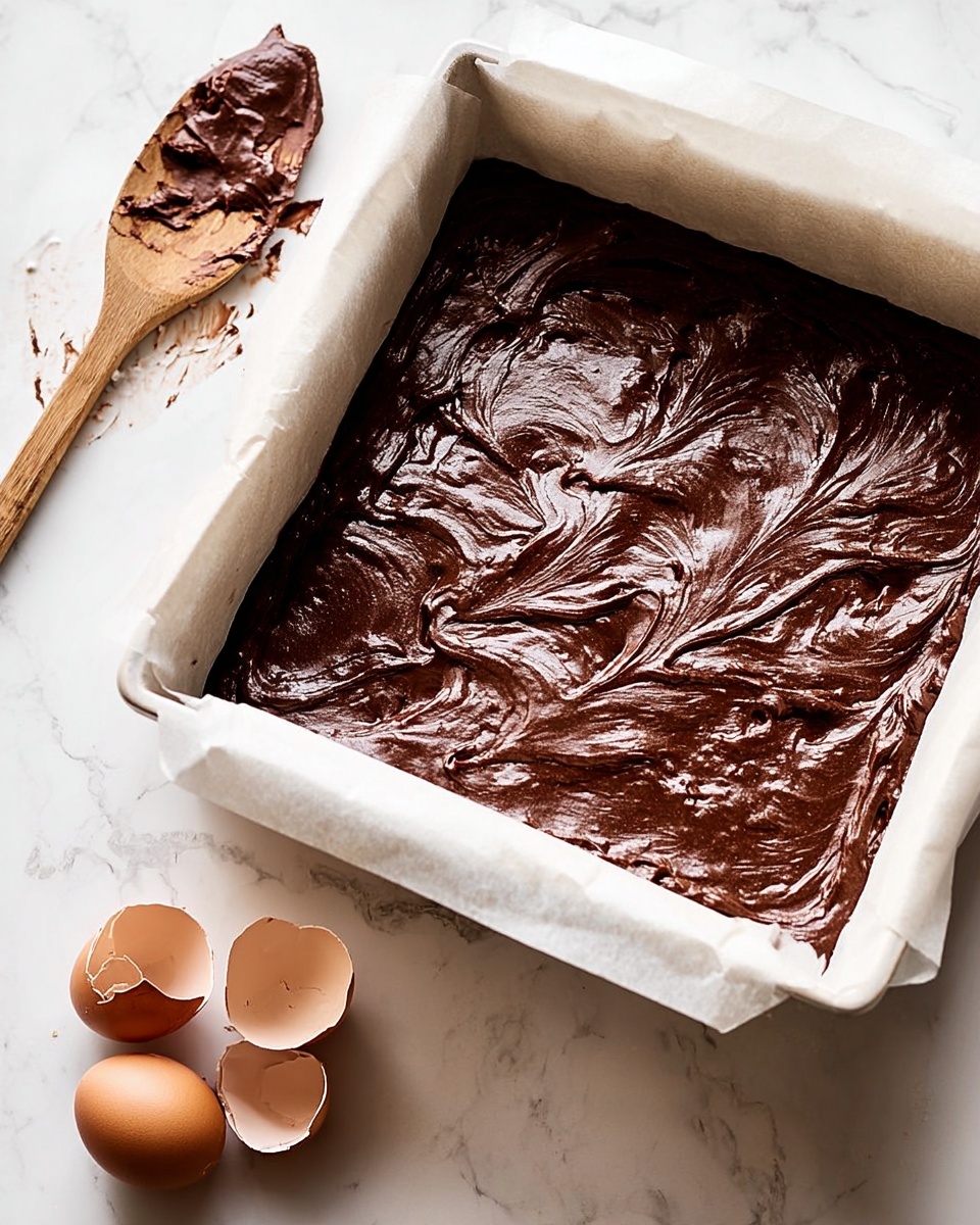 A white square baking pan lined with white parchment paper holds a thick, rich dark brown chocolate batter evenly spread inside, with visible swirls and textured peaks on its surface. To the left of the pan, a wooden spoon with some chocolate batter smeared on it rests on a white marbled surface, accompanied by two cracked light brown eggshells nearby. The overall scene showcases the preparation step before baking. photo taken with an iphone --ar 4:5 --v 7