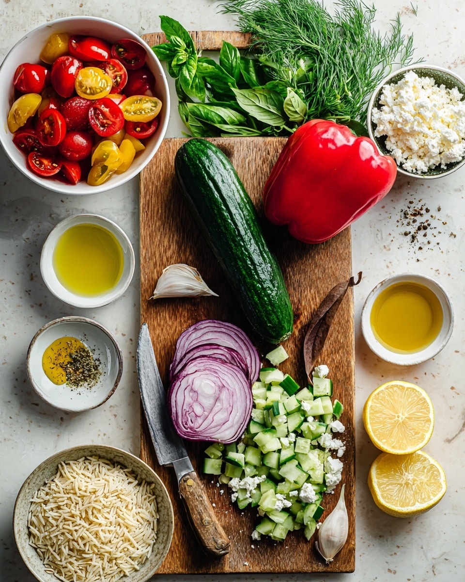 The image shows a wooden board on a white marbled surface holding a whole cucumber with chopped cucumber pieces next to it, a large red bell pepper, and a half red onion with visible purple and white layers. On the board, there is also a knife with a wooden handle and a garlic clove. To the left, a white bowl contains cut cherry tomatoes showing red and yellow insides. Fresh green herbs including dill and basil are laid out on the board next to the vegetables. Around the board on the white marbled surface are three small white bowls with mustard, olive oil, and honey, a small white dish with lemon zest, salt, and pepper, a bowl of uncooked orzo pasta, a bowl of crumbled white cheese, and two halves of a lemon. Photo taken with an iphone --ar 4:5 --v 7