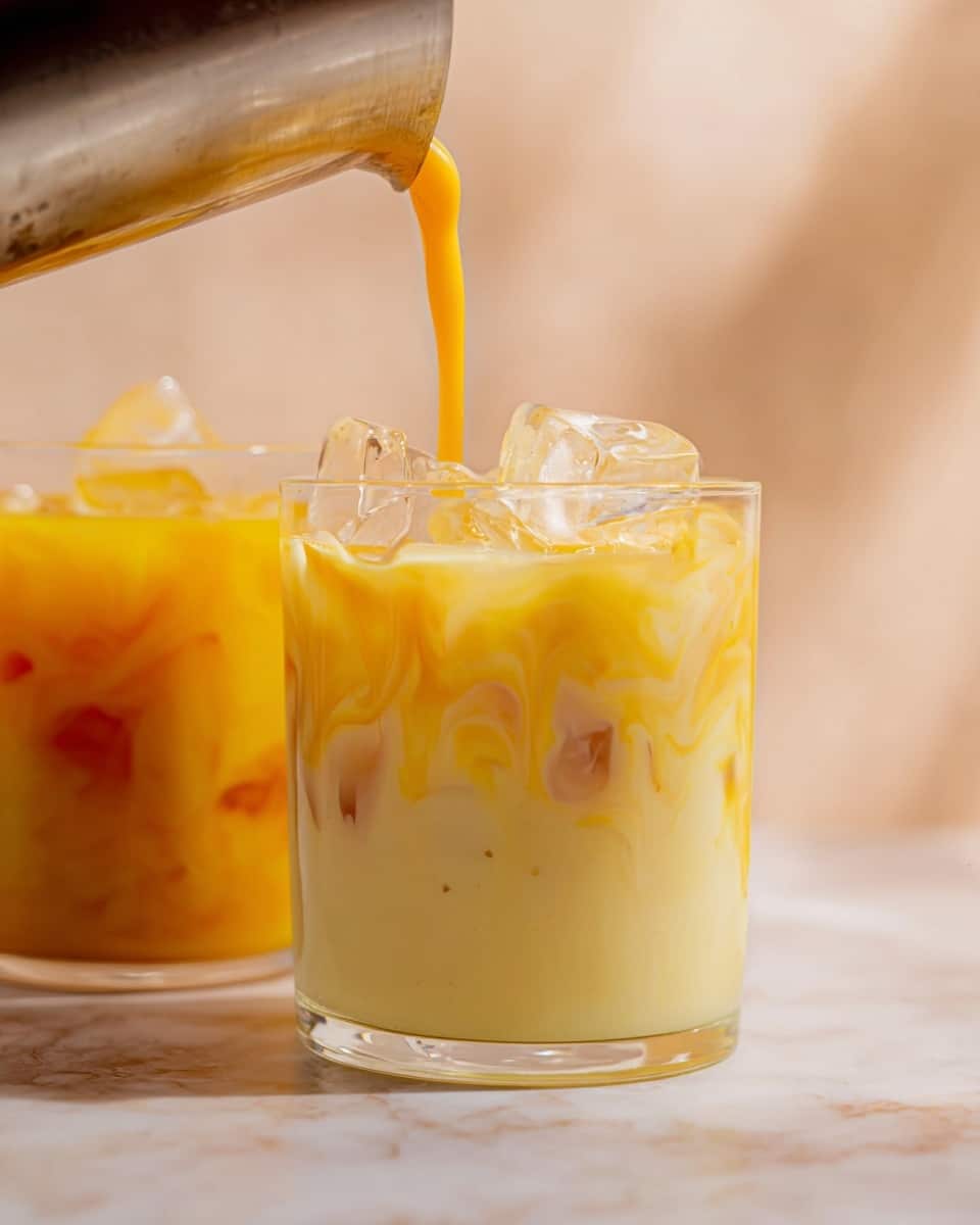 A clear glass filled with large clear ice cubes sits on a white marbled surface, with a thick bright orange liquid being poured over the ice from a shiny metal container into the glass. The drink shows layers of creamy pale yellow at the bottom mixed with the bright orange liquid swirling around the ice, creating a marbled texture with some darker orange spots. Behind this glass is another clear glass also filled with pale yellow liquid and ice cubes. The background is softly blurred with warm light tones. Photo taken with an iphone --ar 4:5 --v 7