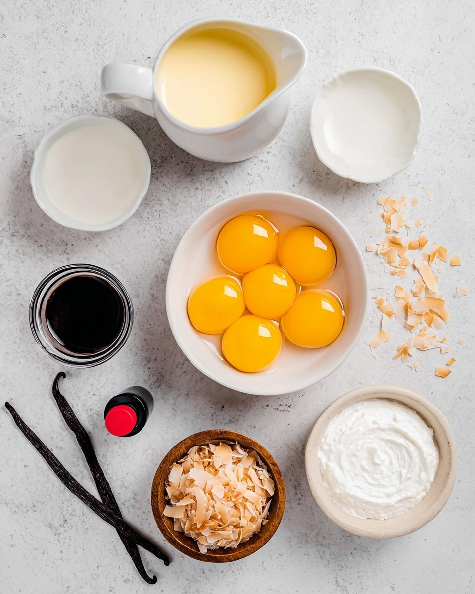 The image shows seven small white bowls and containers arranged on a white marbled surface. In the center, a white bowl holds seven bright yellow egg yolks, smooth and shiny, sitting close together. Above this bowl, a white pitcher contains a light yellow creamy liquid with a frothy texture. To the top left, a small white bowl is filled with a plain white liquid. Below it, a small black bottle with a red cap is placed. At the bottom left, a small clear glass bowl holds two dark vanilla pods. In the middle bottom, a small wooden bowl is filled with light brown toasted coconut flakes. To the bottom right, a white bowl with a swirl of fine white sugar is visible. Scattered toasted coconut flakes lie on the marbled surface nearby. Photo taken with an iphone --ar 4:5 --v 7