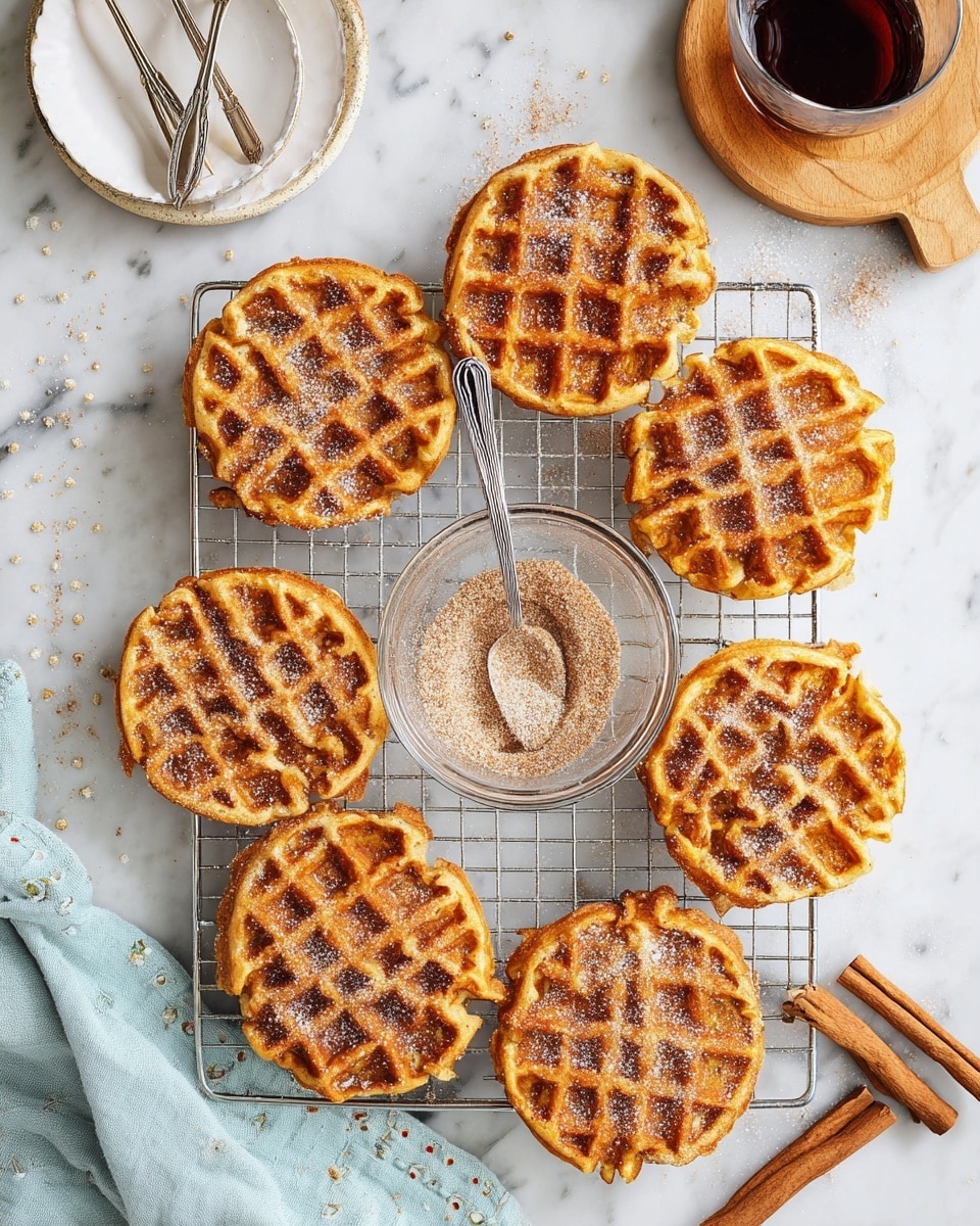 There are eight round waffles with a golden brown color and crisp square patterns, arranged on a cooling rack over a white marbled surface. Some waffles are sprinkled with a light dusting of a cinnamon-sugar mix, which is also seen in a clear glass bowl placed in the center of the rack, with a silver spoon inside it. Nearby, there is a pale blue cloth with small dots and a few cinnamon sticks on the white marbled surface. A glass filled with a dark liquid is visible in the upper right corner and a small wooden plate with a fork and a white dish with a spoon are seen in the upper left, all against the white marbled background. Photo taken with an iphone --ar 4:5 --v 7