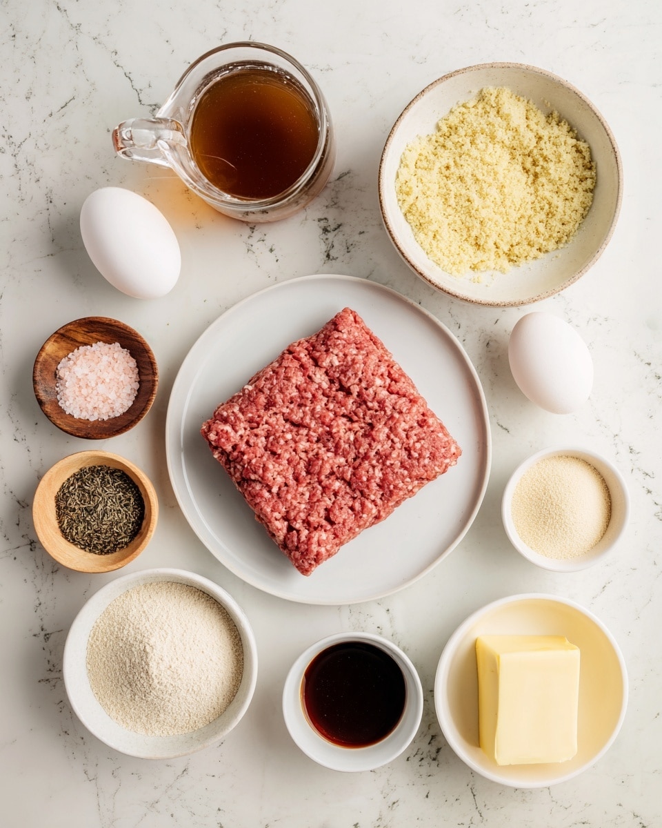 The image shows a top-down view of cooking ingredients arranged neatly on a white marbled surface. In the center, there is a square layer of raw ground meat on a white round plate. Surrounding it, starting from the top left, there is a glass jug filled with brown liquid, a white bowl with yellowish crumb-like mixture, a small white bowl with white powder, and a white egg placed directly on the surface. Below the egg, there are two small white bowls containing light beige and pale yellow powders. To the bottom left, two small wooden bowls hold black pepper and pink salt, and next to them, there is a small white bowl with dark brown sauce. Lastly, at the bottom right corner, a white bowl contains a yellow pat of butter. The ingredients are evenly spaced and well lit, photo taken with an iphone --ar 4:5 --v 7