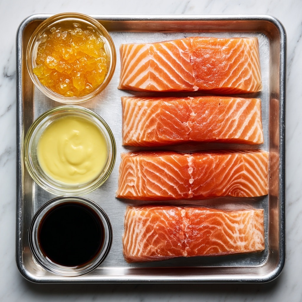 The image shows a silver baking tray placed on a white marbled texture. On the tray, there are three large raw salmon fillets on the right side, with a bright orange-pink color and distinct white marbling lines. On the left side, there are four small clear glass bowls arranged in a square. The top left bowl holds orange marmalade with a shiny, chunky texture. Below it, the bottom left bowl contains pale yellow lemon juice with a smooth surface. The top right bowl, which is a small clear cup, is filled with dark brown soy sauce. The bottom right bowl contains light yellow Dijon mustard with a thick, creamy texture. Each ingredient is neatly separated and evenly spaced on the tray. Photo taken with an iphone --ar 4:5 --v 7