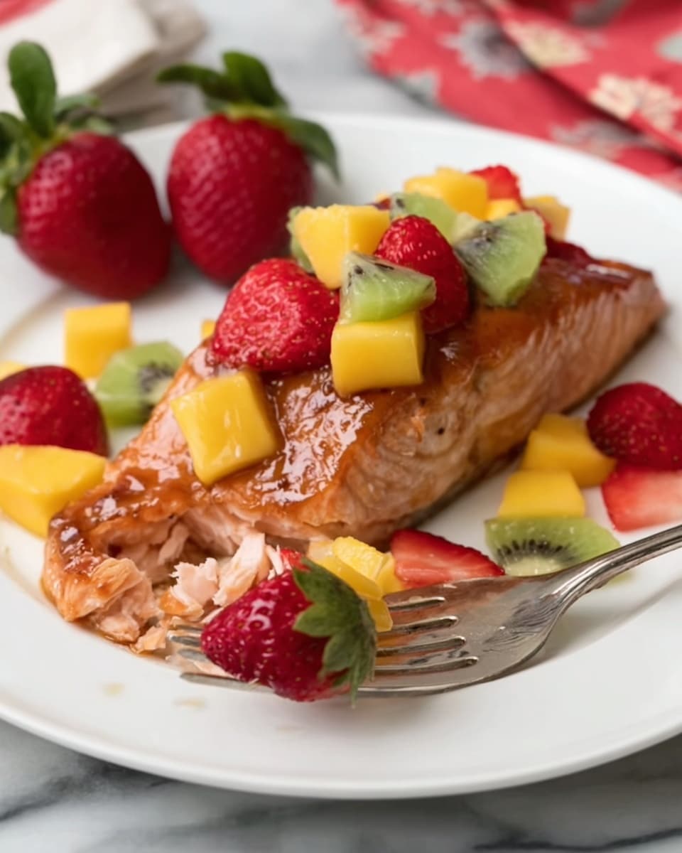 The image shows a white plate with a piece of cooked salmon placed in the center. The salmon has a glazy brown surface with a shiny texture. On top of the salmon, there are small cubes of colorful fruit including yellow mango, green kiwi with black seeds, and red strawberries. Some fruit pieces are also scattered around the salmon on the plate. To the left of the salmon, there are two whole strawberries with green leaves. In the front, a fork is holding a piece of the salmon with a small piece of strawberry on it. The plate sits on a white marbled surface with a red and white cloth partially visible on the right side. photo taken with an iphone --ar 4:5 --v 7