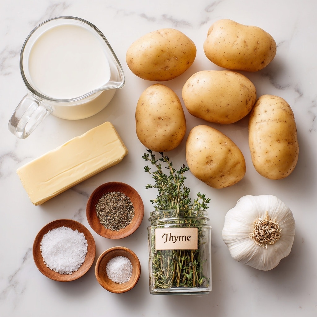 The image shows a group of seven light brown, smooth-skinned potatoes positioned to the right side on a white marbled surface. To the left of the potatoes is a clear glass measuring cup filled with white milk. Below this cup, there is a rectangular stick of pale yellow butter wrapped in paper. Two small round wooden bowls are placed below the butter, one containing coarse black pepper and the other with fine white salt. In the center is a clear glass jar filled with dried thyme leaves and labeled
