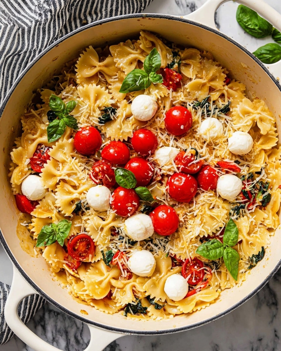 A large white pot filled with a pasta dish showing two types of pasta: farfalle (bow tie, light yellow) covering most of the base and ruffled square pasta mixed throughout. On top are bright red halved cherry tomatoes clustered in the center and scattered around. Small white mozzarella balls are spread evenly across the pasta. Fresh green basil leaves, both whole and torn, are placed around, adding pops of color. Shredded pale yellow cheese is sprinkled across the whole dish along with a few cooked dark green basil leaves. The pot is on a white marbled surface with a striped cloth partially visible on the top left. Photo taken with an iphone --ar 4:5 --v 7