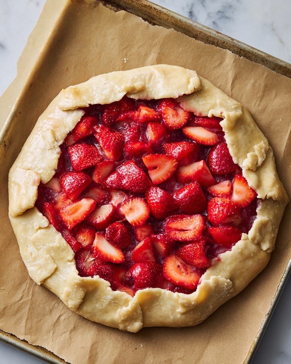 A round, rustic strawberry galette is centered on a baking sheet lined with brown parchment paper, placed on a white marbled surface. The galette has one main layer of thick, uneven golden dough folded around the edges to form a border that holds the bright red, juicy strawberry slices tightly packed inside. The strawberries are fresh, shiny, and cut into halves and quarters, showing a mix of red shades and small seeds. The natural texture of the dough looks soft but firm, with rough creases and pinches along the folded crust. photo taken with an iphone --ar 4:5 --v 7