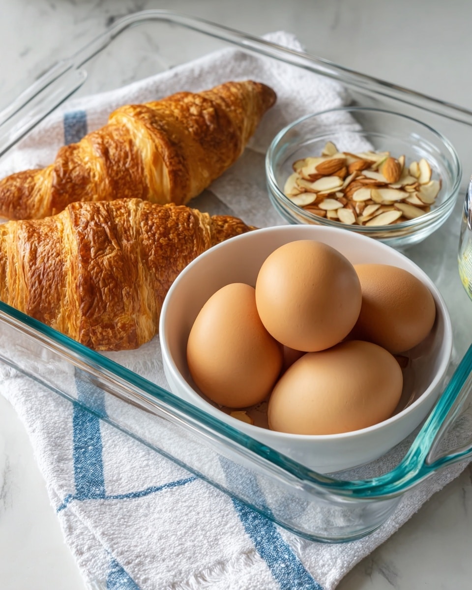 A clear glass tray sits on a white marbled surface with a white cloth that has blue stripes underneath. Inside the tray, there are two golden-brown croissants with a flaky texture placed next to each other on the left. In front of the croissants, a white bowl holds five smooth, brown eggs, stacked gently inside. Behind the bowl, a small clear glass bowl contains thin, light beige sliced almonds with brown edges. Photo taken with an iphone --ar 4:5 --v 7