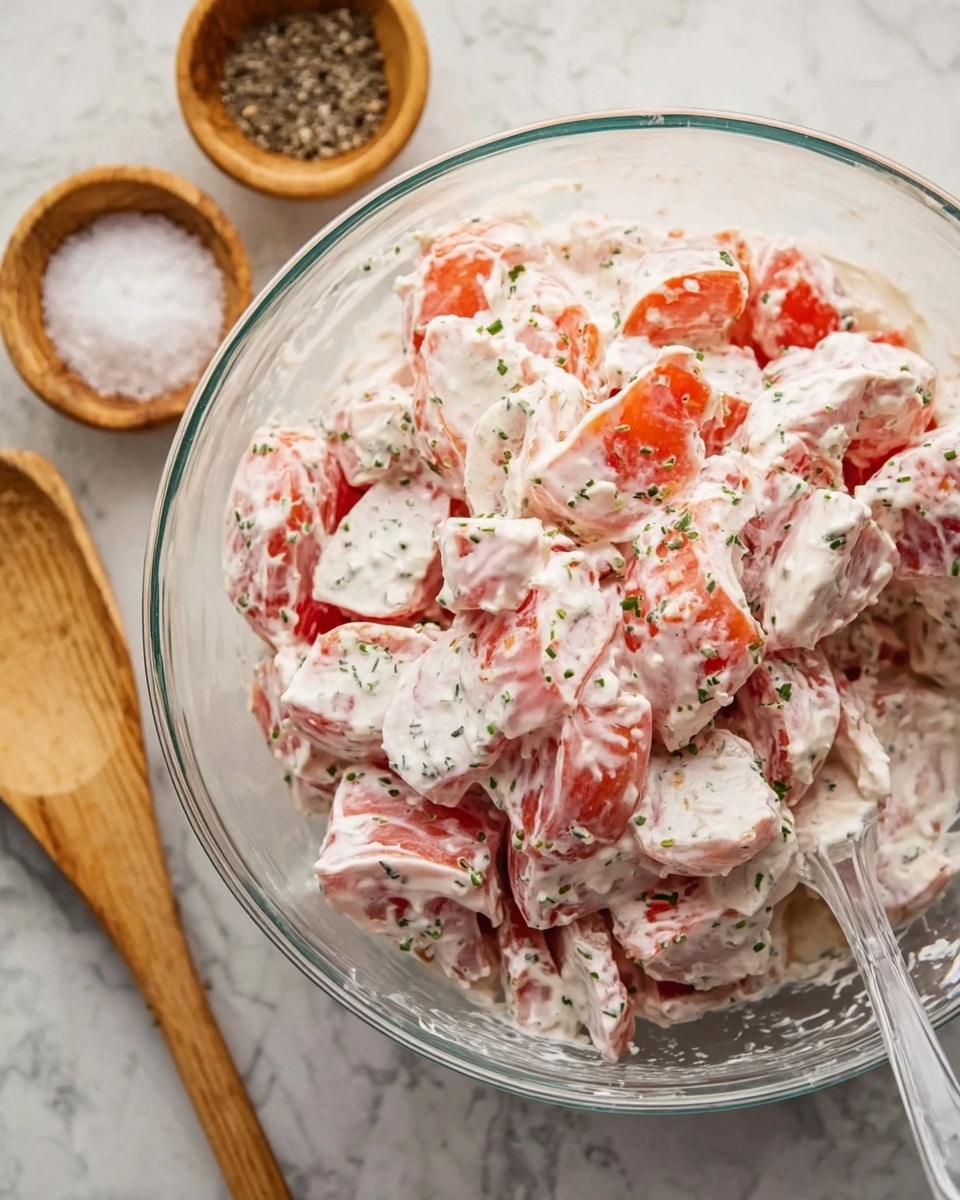 A clear glass bowl filled with a creamy pink salad made of red tomato pieces covered in thick white sauce mixed with green small herb bits. The bowl is placed on a white marbled surface with two small wooden bowls nearby, one containing black pepper and the other holding coarse white salt. A clear spatula is partially visible inside the salad. Photo taken with an iphone --ar 4:5 --v 7