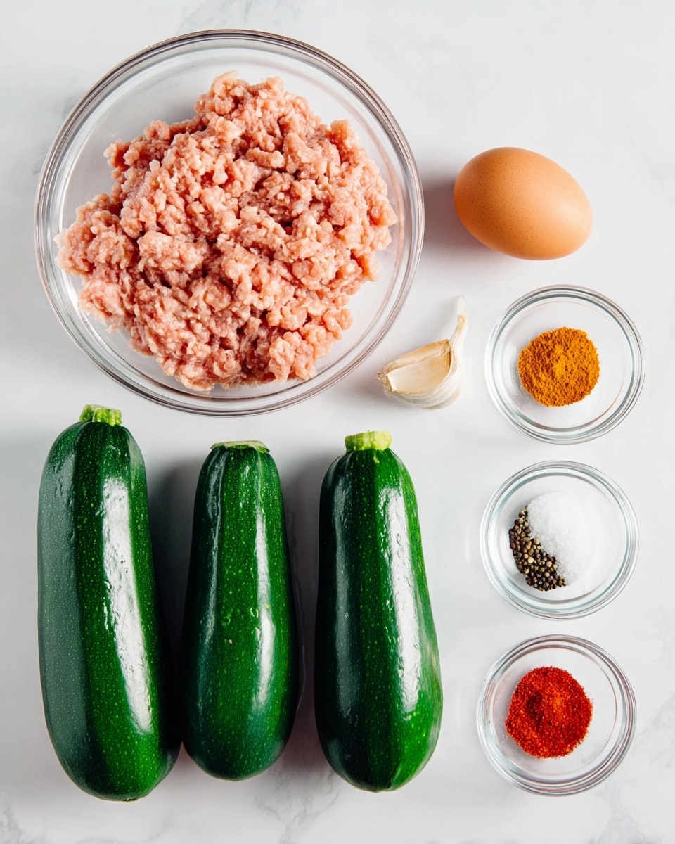 A food arrangement on a white marbled surface shows three whole dark green zucchinis lined up horizontally on the right side. To the left of the zucchinis is a large clear glass bowl filled with light pink ground meat. Above the bowl lie an egg with a smooth brown shell and a small whole garlic clove side by side. Above the zucchinis are four small clear glass bowls arranged in a row holding, from left to right, coarse black pepper, white salt, orange-red paprika powder, and a red spice, all with smooth textures except salt which looks slightly coarse. The setup is clean and simple with bright light and no shadows, photo taken with an iphone --ar 4:5 --v 7