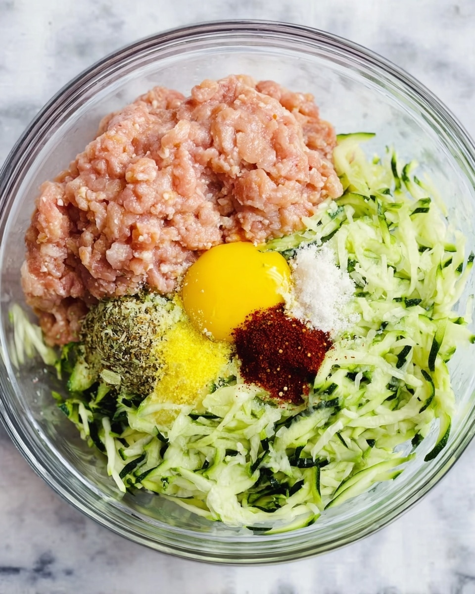 A clear glass bowl sits on a white marbled surface, filled with several layers of raw ingredients. The bottom right half of the bowl is filled with light green shredded zucchini with some dark green skin. The bottom left half has pale pink ground meat. On top, in the middle of the ground meat, are a bright yellow raw egg yolk, and small piles of light yellow minced garlic, black pepper, white salt, and dark red paprika, all lined up neatly. The overall look is fresh and colorful. Photo taken with an iphone --ar 4:5 --v 7