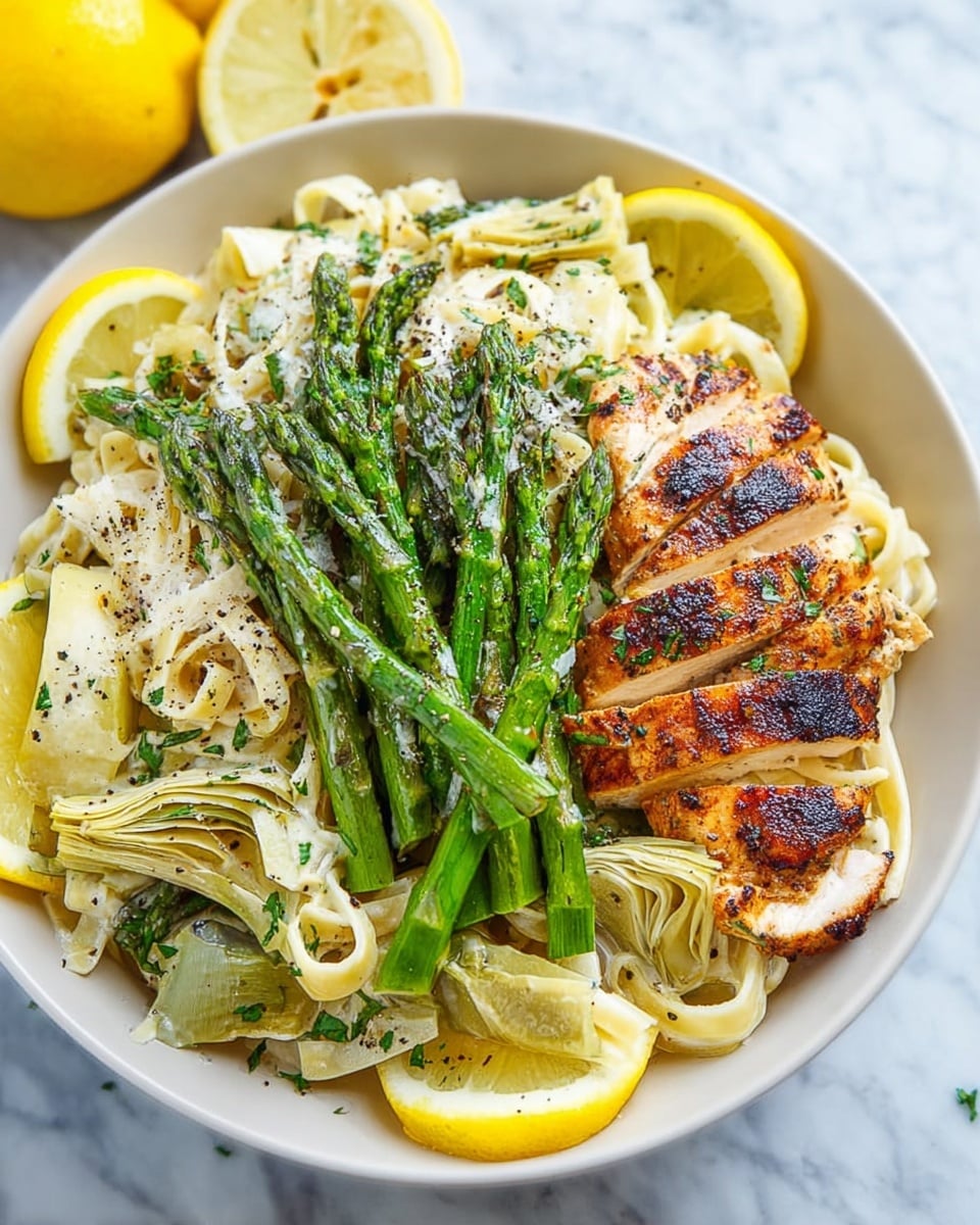 A white plate holds a layered dish starting with a base of light-colored noodles, topped with several grilled pieces of golden-brown chicken slices arranged centrally, their surfaces charred with black pepper and herbs. Surrounding the chicken are bright green asparagus spears placed in bundles on two sides of the plate. Thin, yellow lemon slices are scattered on top and around the chicken, adding fresh color. Pale artichoke hearts rest near the noodles, and thin strips of lemon zest add a final touch. The backdrop is a white marbled surface. Photo taken with an iphone --ar 4:5 --v 7