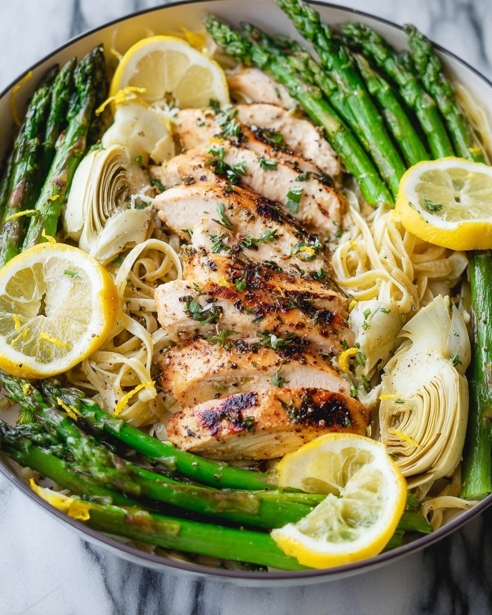 The dish is served in a white bowl placed on a white marbled surface, showing a base layer of creamy fettuccine pasta mixed with light green artichoke pieces. On top, there are bright green grilled asparagus stalks spread across the pasta. On the right side of the bowl, a grilled chicken sliced into several pieces with a golden brown and slightly charred texture is placed diagonally. Around the edges are several lemon wedges with light yellow flesh and a sprinkle of black pepper and green herbs scattered over the entire dish. The photo taken with an iphone --ar 4:5 --v 7
