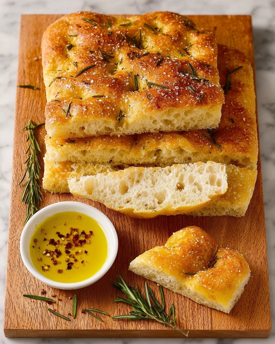 A wooden board holds focaccia bread with a golden, crisp top sprinkled with coarse salt and green rosemary leaves. The bread is shown in layers: the top crust with a rough texture, a thick soft inner middle layer with visible air pockets, and a bottom crust. Two smaller pieces of the bread are placed near a small white bowl filled with yellow olive oil mixed with herbs and red pepper flakes. Some loose rosemary sprigs decorate the board on the white marbled surface. photo taken with an iphone --ar 4:5 --v 7