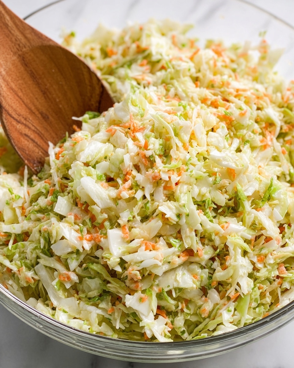 The image shows a close-up of shredded coleslaw in a clear bowl sitting on a white marbled surface. The coleslaw consists of three layers: a base of finely chopped white cabbage, mixed with small pieces of light green cabbage, and sprinkled with tiny orange carrot bits evenly spread throughout. A wooden spoon is partially buried in the coleslaw at the upper left side. The textures look fresh and moist. photo taken with an iphone --ar 4:5 --v 7