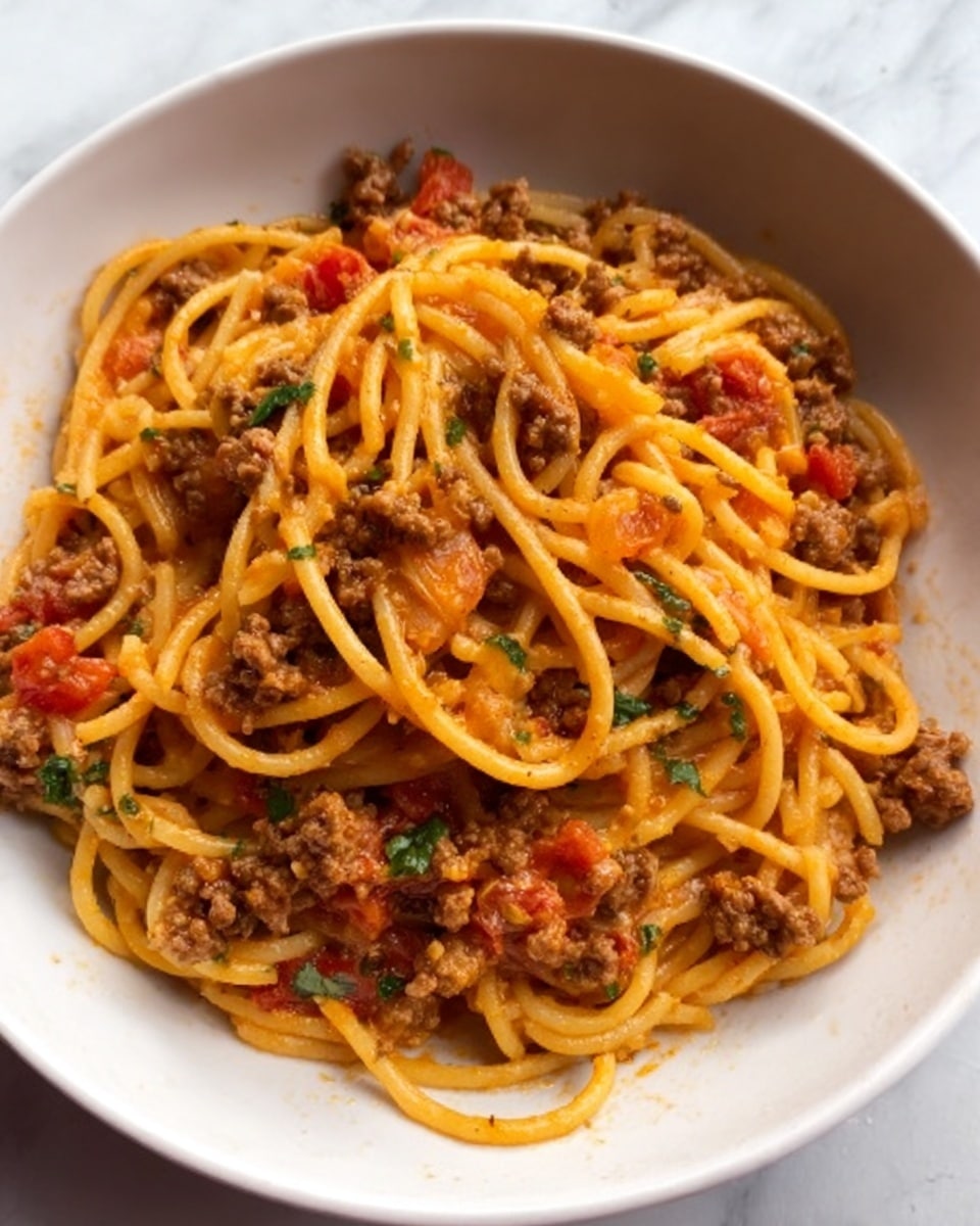 A white bowl filled with thick spaghetti noodles mixed with small brown ground meat pieces evenly spread throughout. The noodles are coated in a light orange tomato-based sauce with chunks of red tomatoes and bits of green herbs scattered on top. The dish has a slightly glossy texture, showing moisture in the sauce. The bowl sits on a white marbled surface. photo taken with an iphone --ar 4:5 --v 7