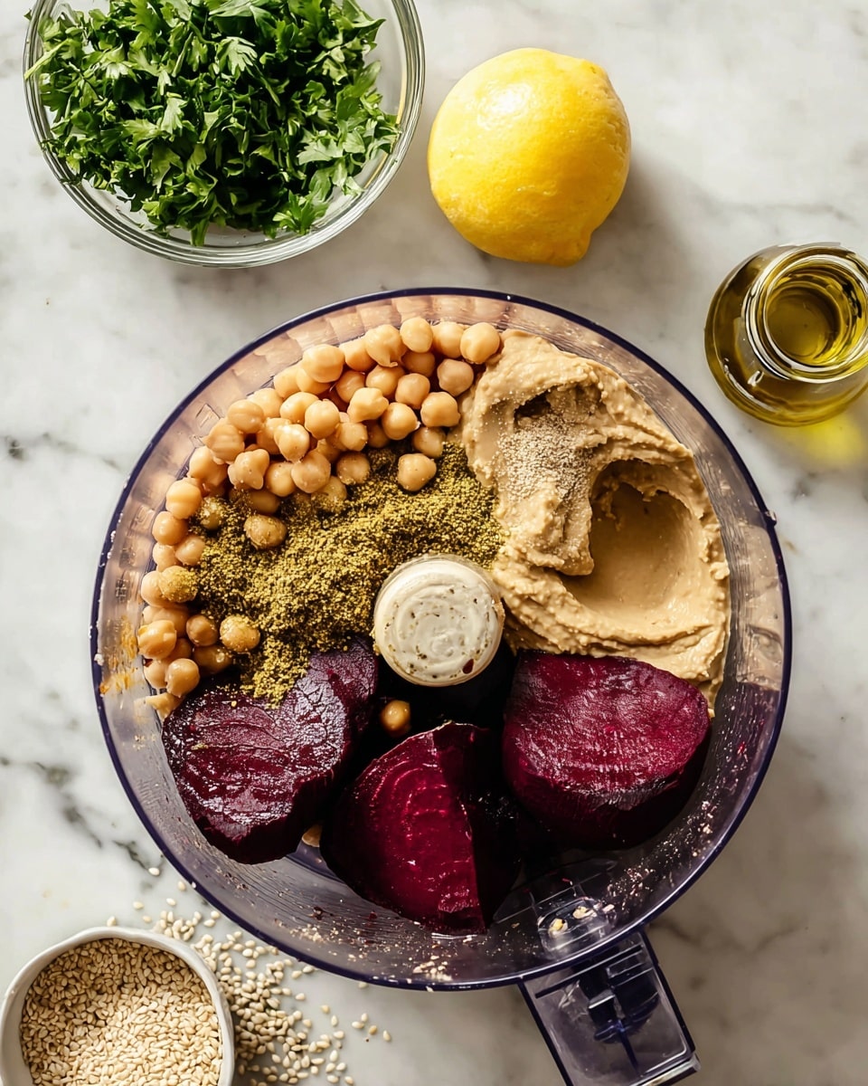 In the clear food processor bowl, there are several large deep purple beet wedges positioned at the top right, with a smooth beige thick tahini paste layer at the bottom right. Light tan chickpeas form a textured layer on the left side, sprinkled with two different finely ground spices; one is yellow-green and the other is light brown. In the background on a white marbled surface, a small clear glass bowl contains bright green fresh parsley leaves, a halved lemon showing its bright yellow inside rests beside it, a small jar of golden oil is placed left of the lemon, and a small round white bowl holds beige sesame seeds spilling slightly around its base. Photo taken with an iphone --ar 4:5 --v 7