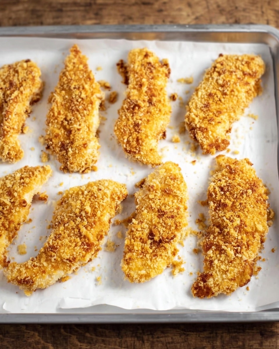 The image shows seven pieces of breaded chicken strips placed on white parchment paper on a metal baking tray. Each chicken strip is coated in a rough, crunchy layer of golden-brown crumbs with varied texture, some parts looking crispier and denser in coating than others. The chicken pieces are arranged in two uneven rows, with the top row having five strips and the bottom row two strips, all spaced slightly apart. The background is a wooden surface, but for the description, it should be imagined as a white marbled texture. Photo taken with an iphone --ar 4:5 --v 7