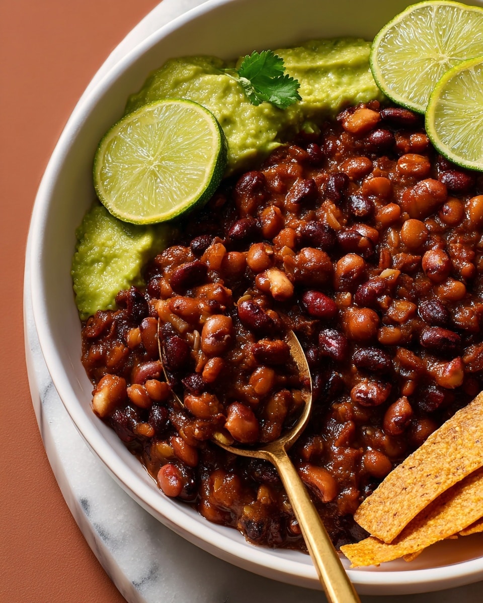 The image shows a close-up of a white bowl filled with a rich mix of dark and light brown beans in a thick sauce, giving a shiny texture. On the top left part of the bowl, there is a smooth, green guacamole layer next to two slices of bright green lime with visible juice droplets. At the bottom right edge of the bowl, there are a few crispy light beige tortilla strips and a small green herb leaf. A golden spoon is partially dipped into the beans near the center of the image. The bowl is set on a white marbled surface with a warm brown background. Photo taken with an iphone --ar 4:5 --v 7